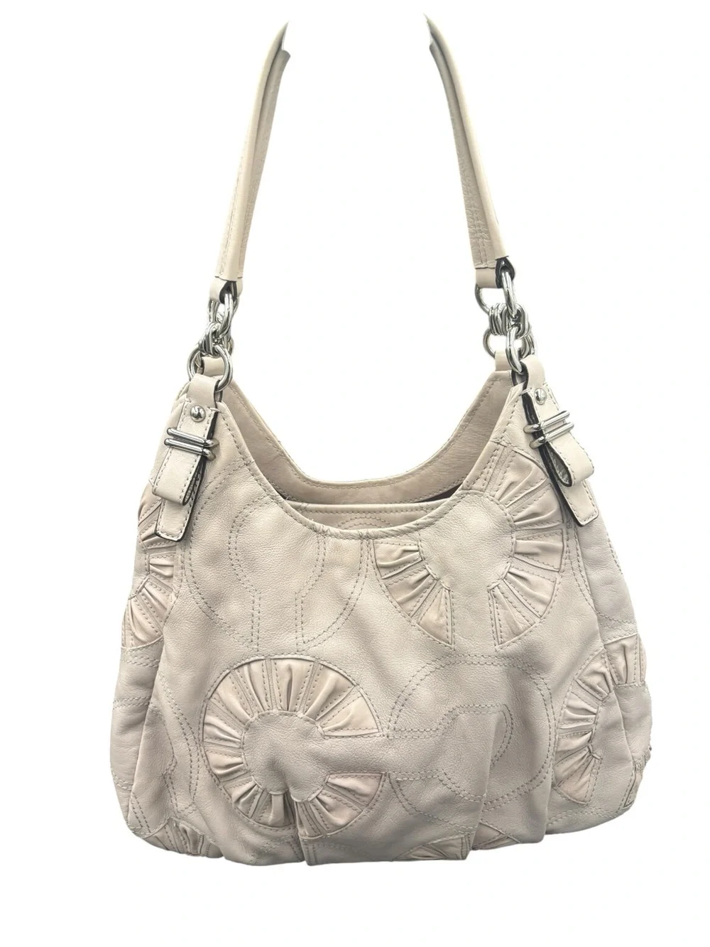 Coach Kristin Leather Pleated Floral Appliqué Hobo Shoulder Bag Ivory Taupe 2010